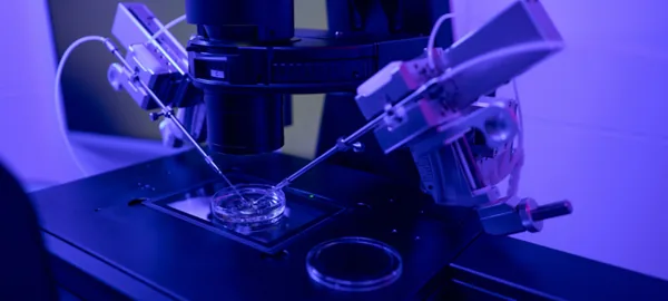 Poste de micromanipulation au microscope dans un laboratoire de FIV